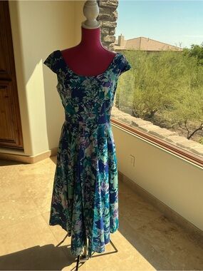 Calvin Klein Teal, Navy & Purple Floral Midi Dress